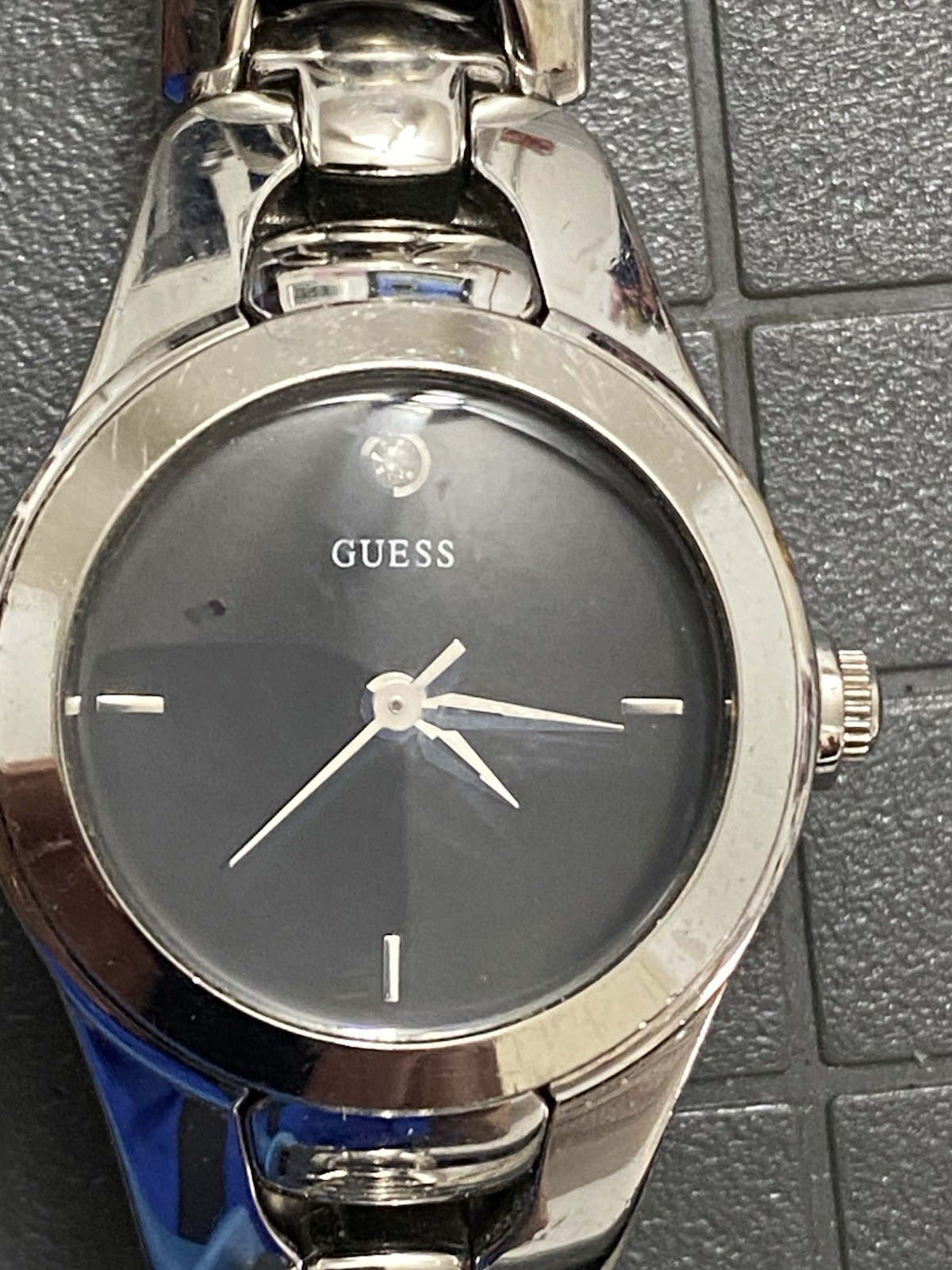 Guess Waterpro Watch Womens Waterproof 100 Meter SilverTone Case Band Black Dial
