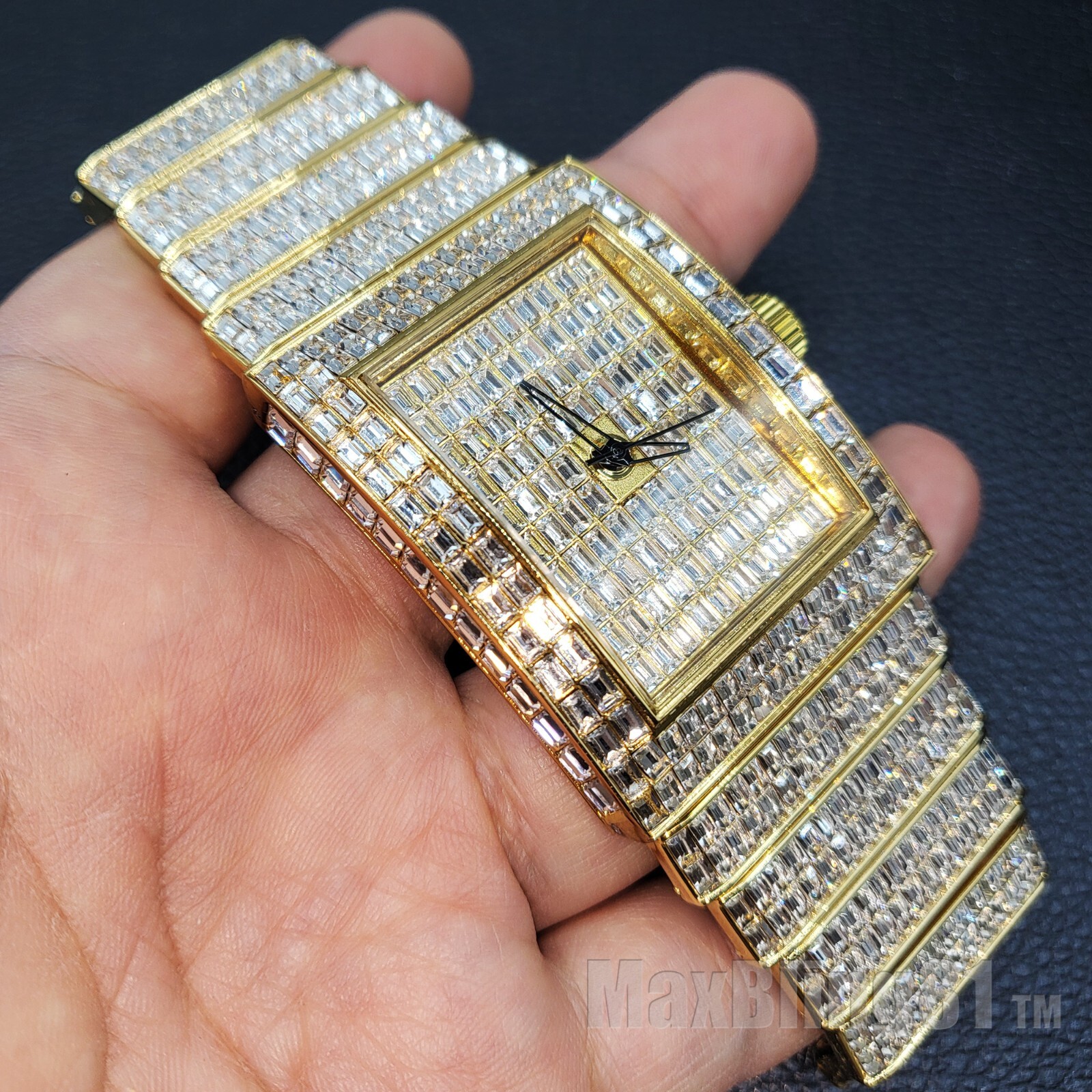 Men Full Iced Baguette Simulated Diamond Gold Silver Finish Hip Hop Metal Watch