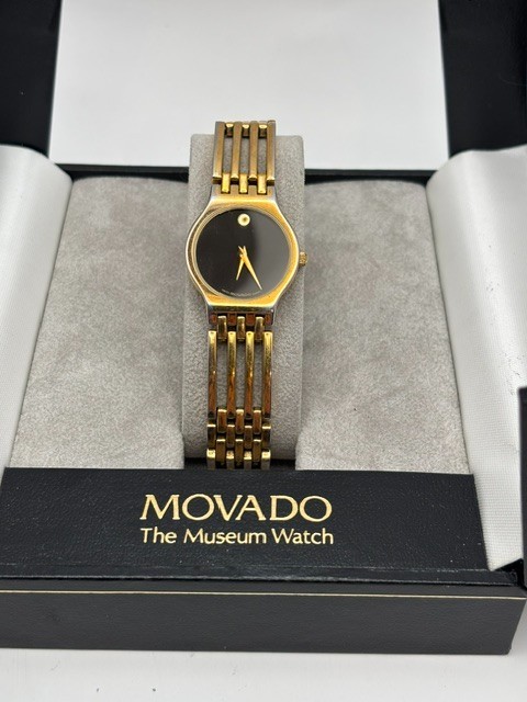 Vintage Movado Mueum Watch 84.25.8114P Quartz Gold Tone Blk Dial with Box