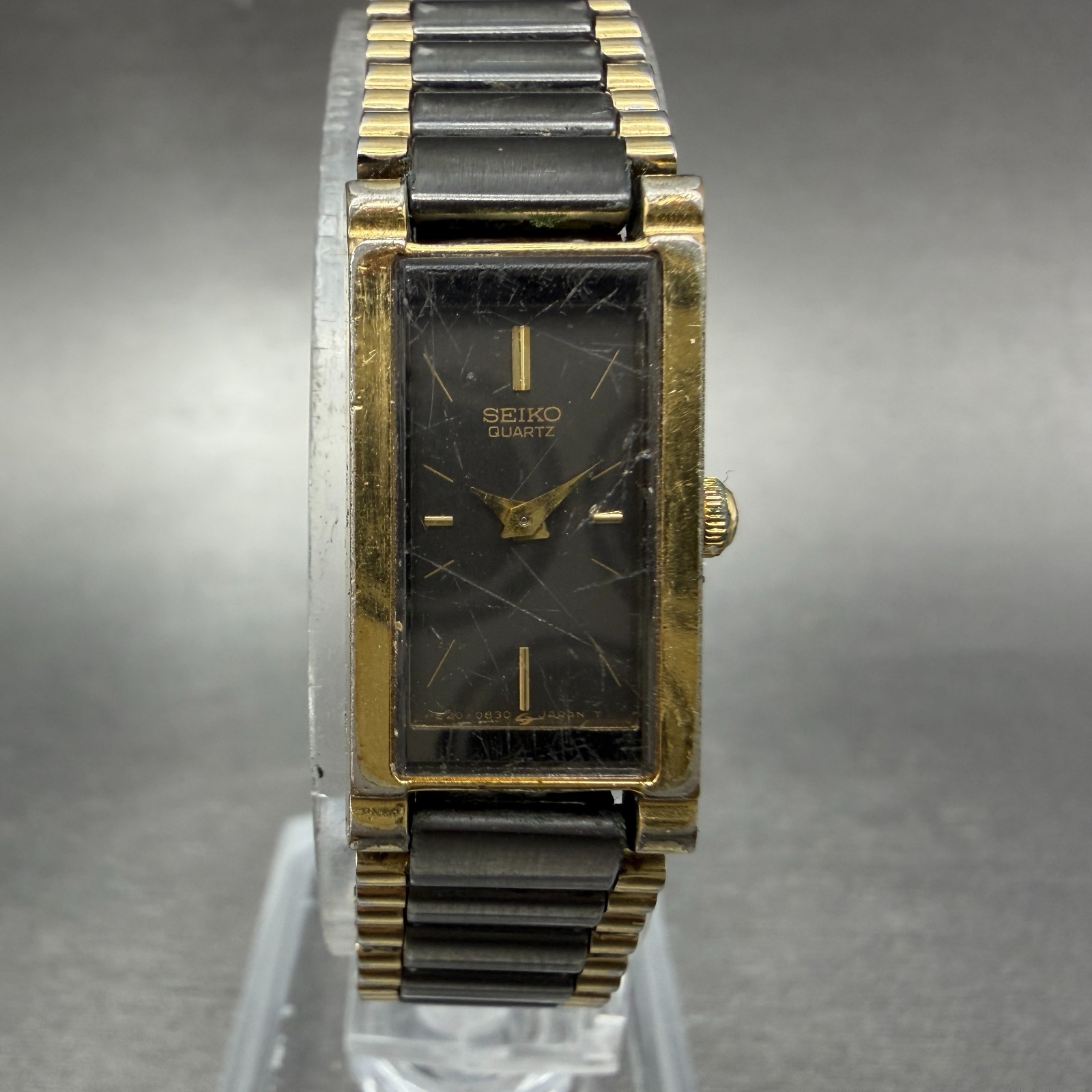 Seiko Tank Watch Women 13mm Black Dial Black & Gold Tone 1E20-551H New Battery