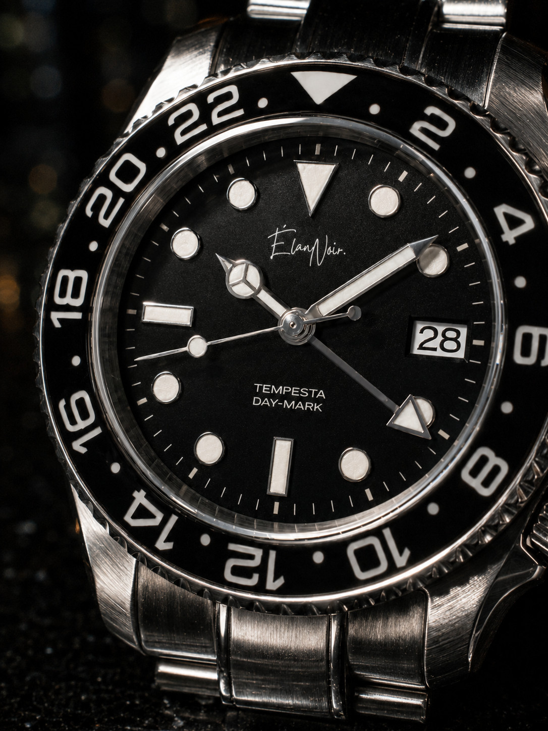 Men’s Automatic GMT Watch 41mm Black Dial Stainless Steel Élan Noir Tempesta