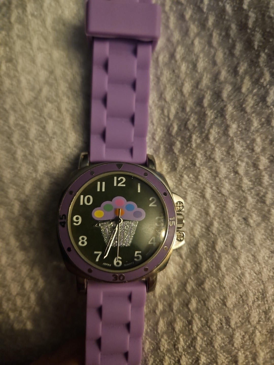 Sophie Purple Cupcake Silver Tone Stainless Steel Back Purple Plastic Band Watch