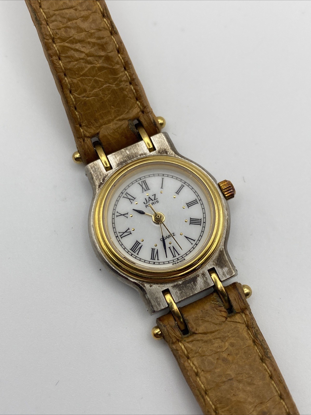 VTG Jaz Paris Watch Women 20mm Gold Tone Leather Band France New Battery