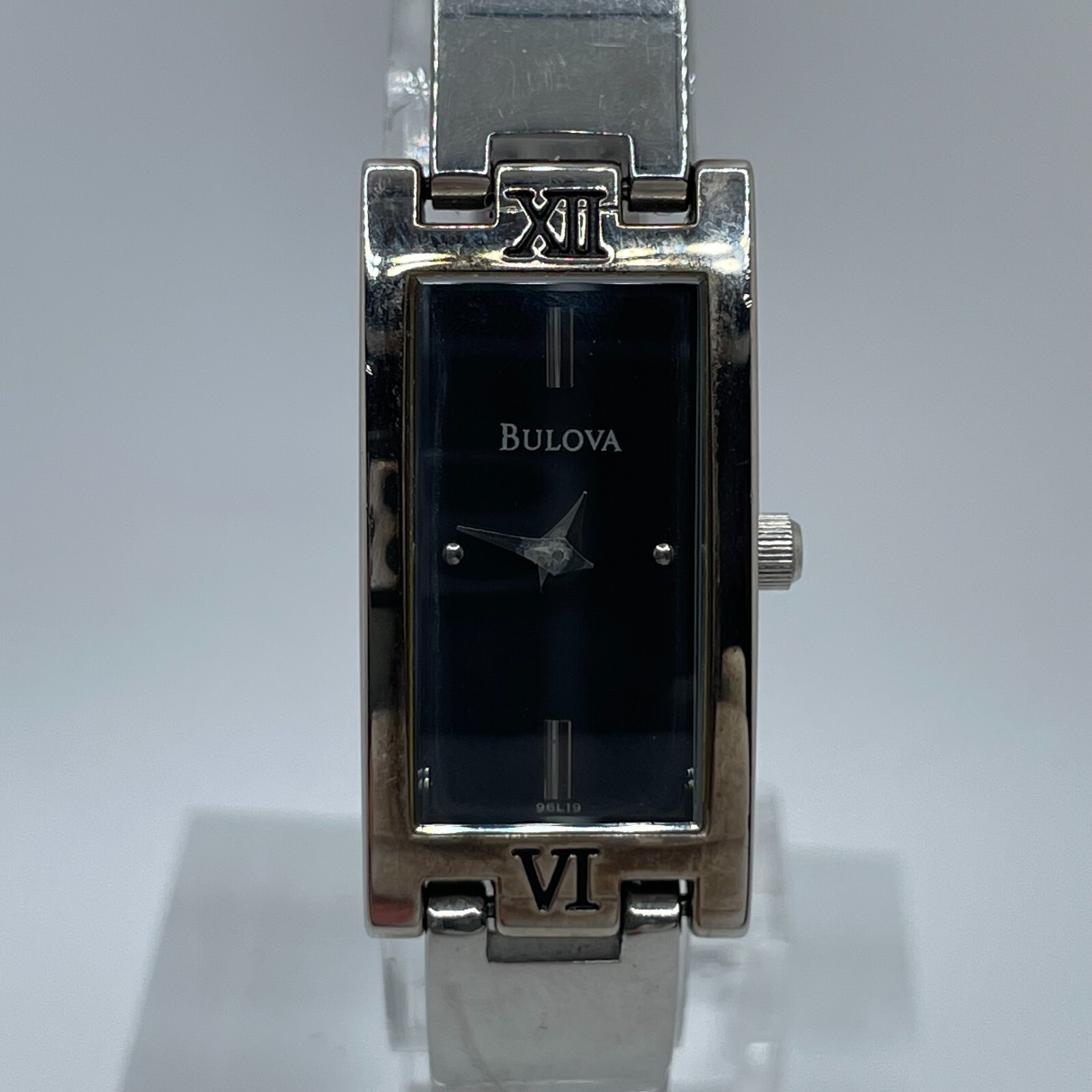 Bulova Watch Womens 15mm Silver Tone Case Band Black Dial Roman Numerals 96L19