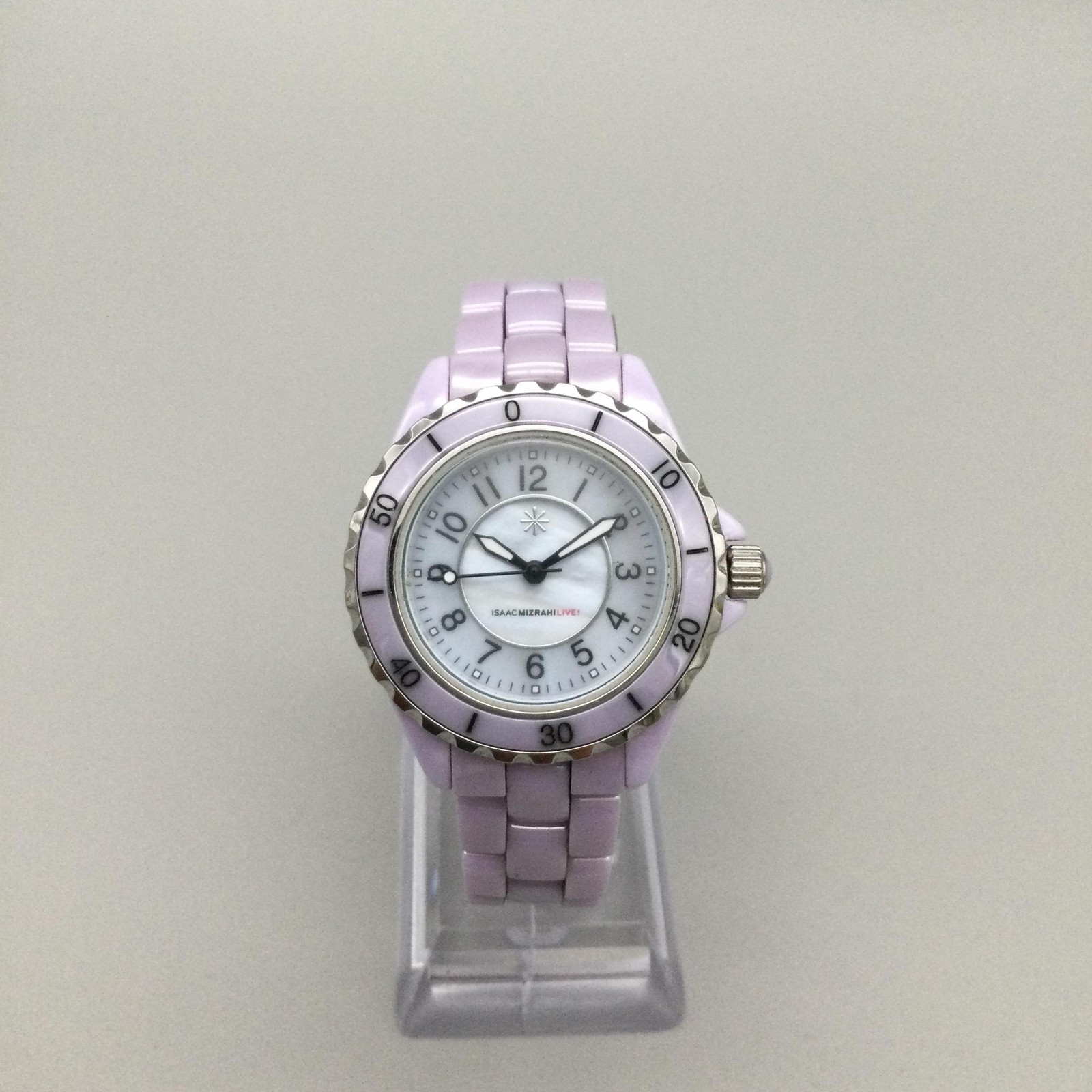 Isaac Mizrahi Live Womens Watch 34mm White MOP Purple Ceramic New Battery 6.5″