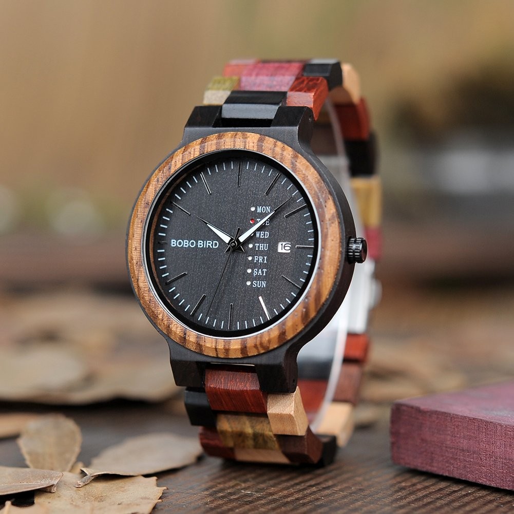 Natural Wood Watch Colorful Mens Wooden Watches Week & Date Display Japanese …