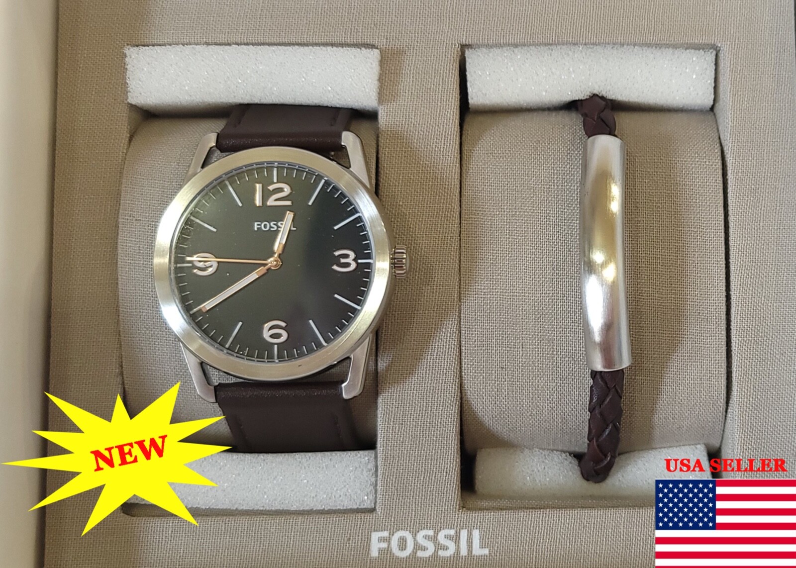 Fossil NEW Ledger Three-Hand Brown Leather Watch and Bracelet Gift Set (BQ2465)