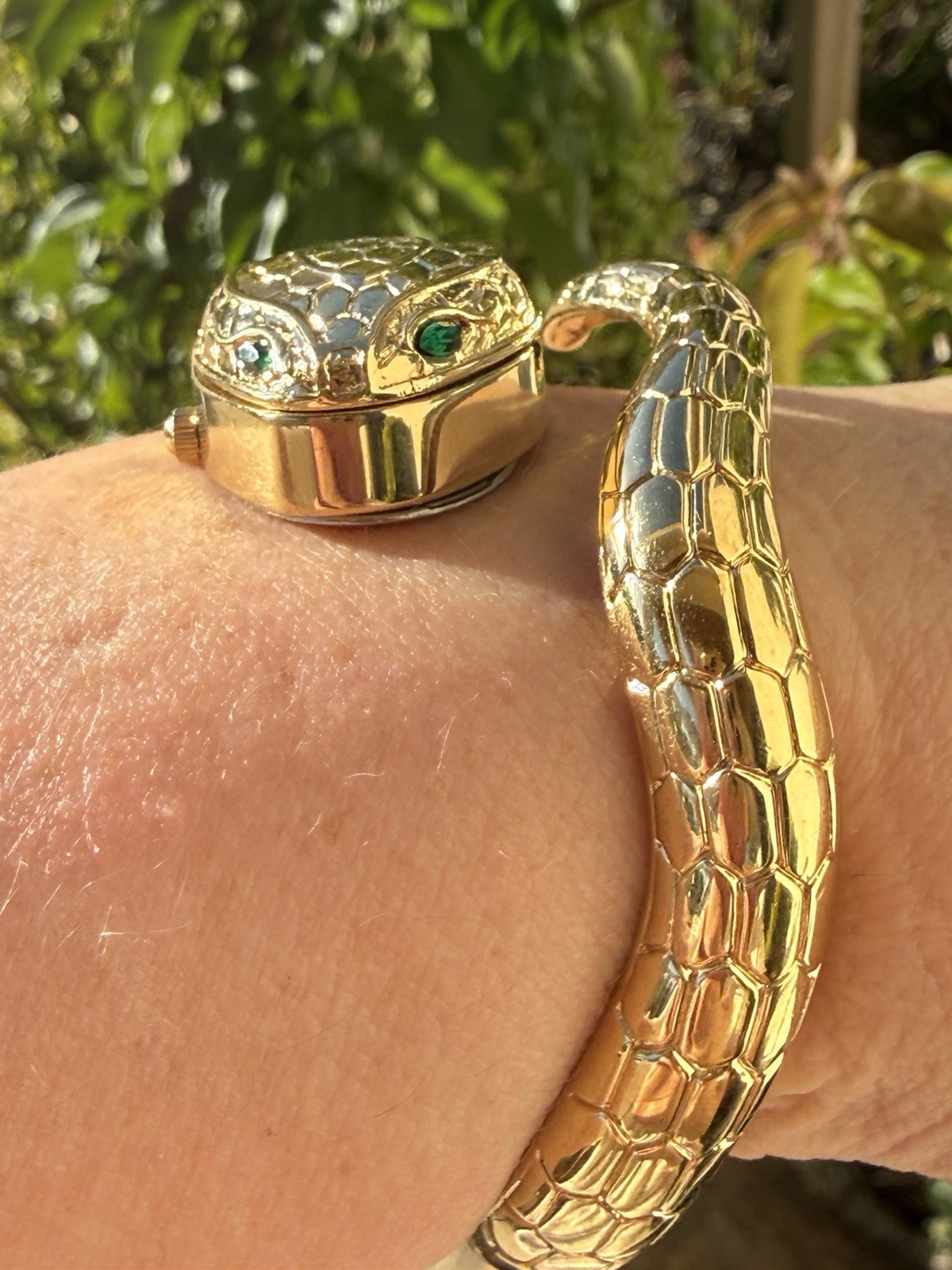 Fabulous Snake Quartz Watch Hinged Bangle Bracelet Goldtone Emerald Eyes Runs!