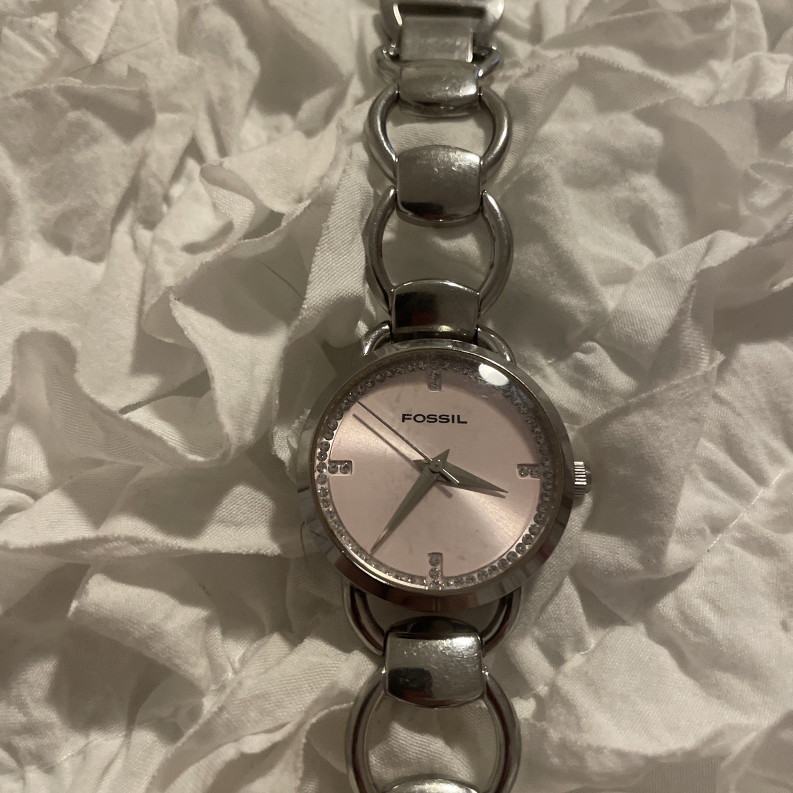 Fossil F2 Women Watch 30mm Round Pink Dial Silver Tone Link Working