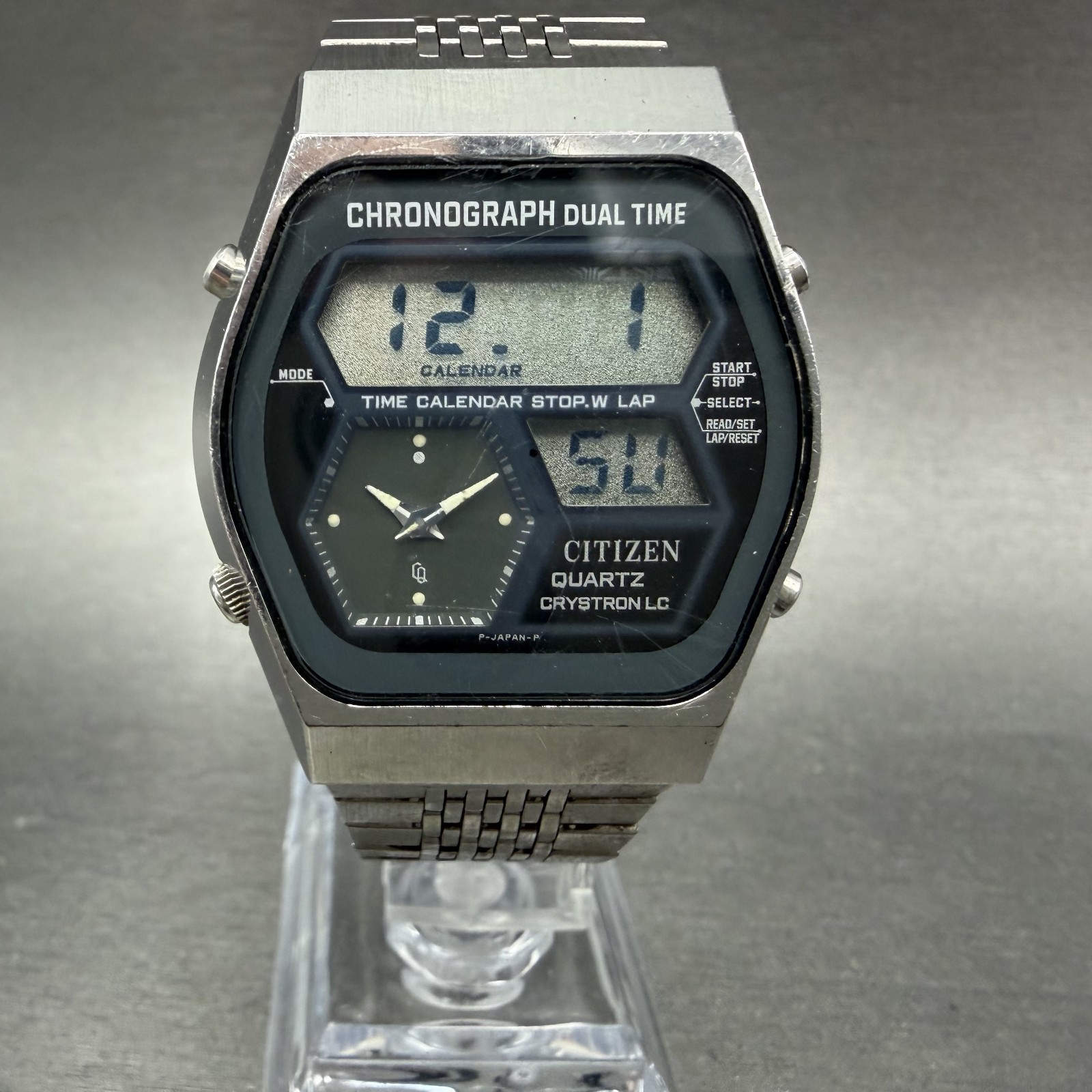 Citizen Analog Digital Watch Men 35mm Black Dial Silver Tone Dual Time New Batt