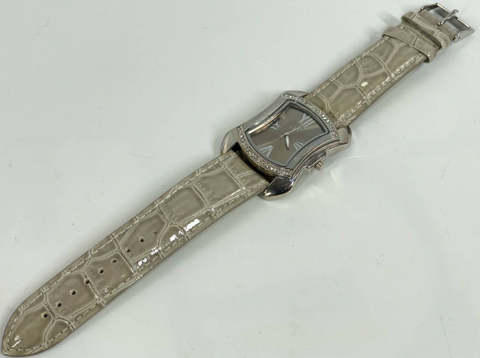 BURGI Rhinestone Stainless Gray Croc Emboss Leather Quartz Wrist Watch BTV011E