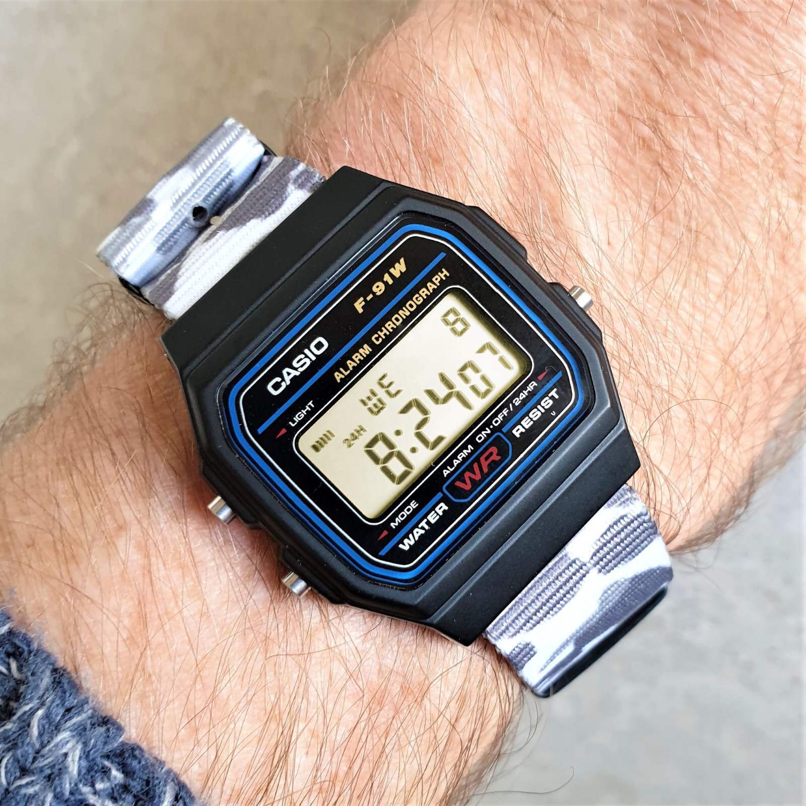 Classic Casio F-91W Watch with Grey Snow Camo Nylon Strap, F-91W-1YEF