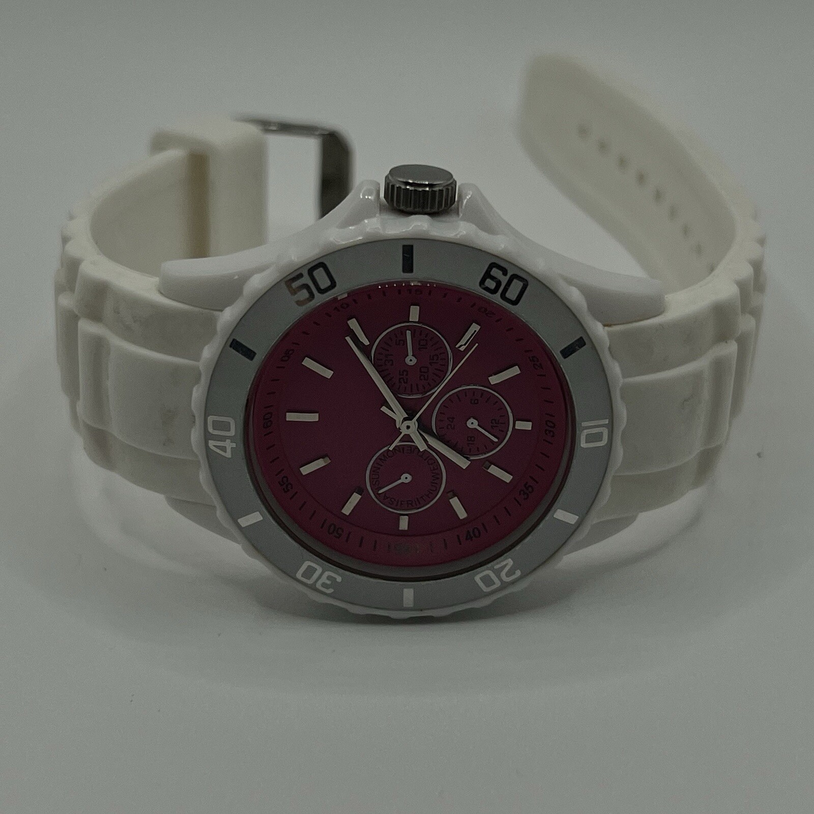 Xhilaration Womens Pink White Rubber Jelly Watch Silicone Band Rotating Bezel