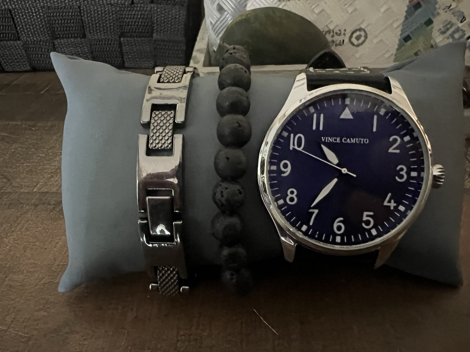 Vince Camuto Mens Watch 42mm Blue Dial Black Leather Stainless New Battery