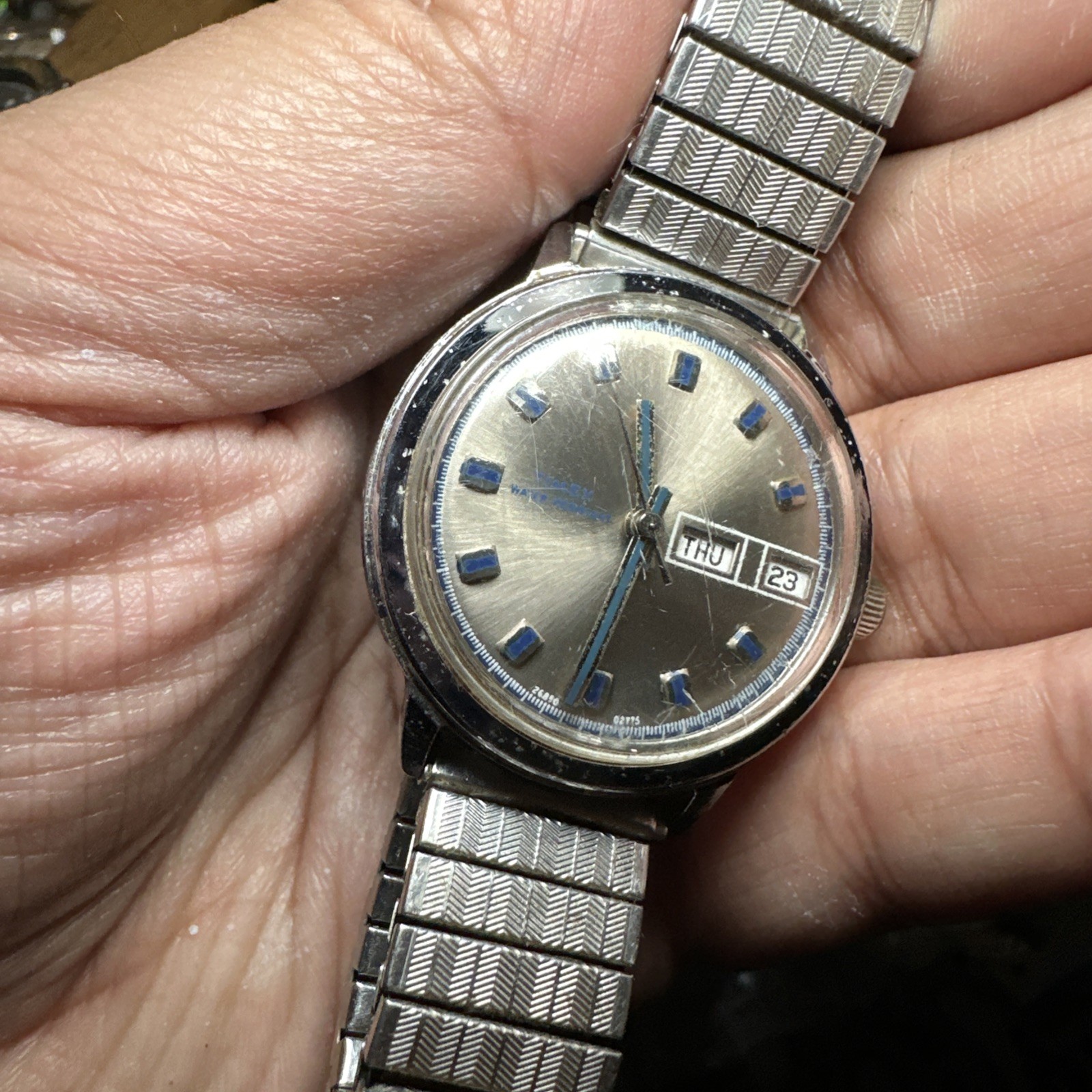 Works VTG 1975 Timex Viscount Day Date Manual Wind Silver Mens Watch 35mm Fit 8”