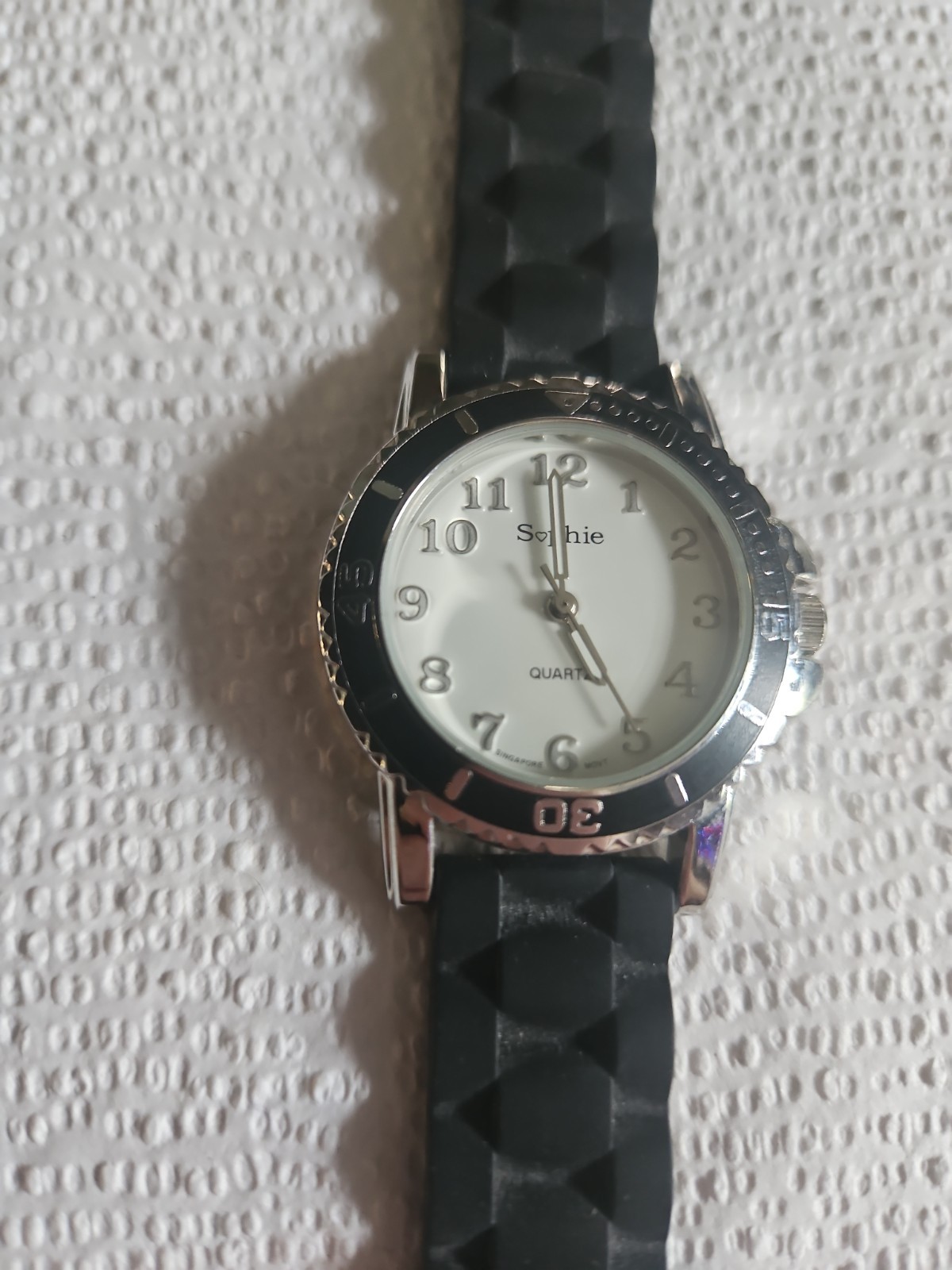 Sophie Quartz Watch Black Silicone Buckle Band Silver Tone Round White Face
