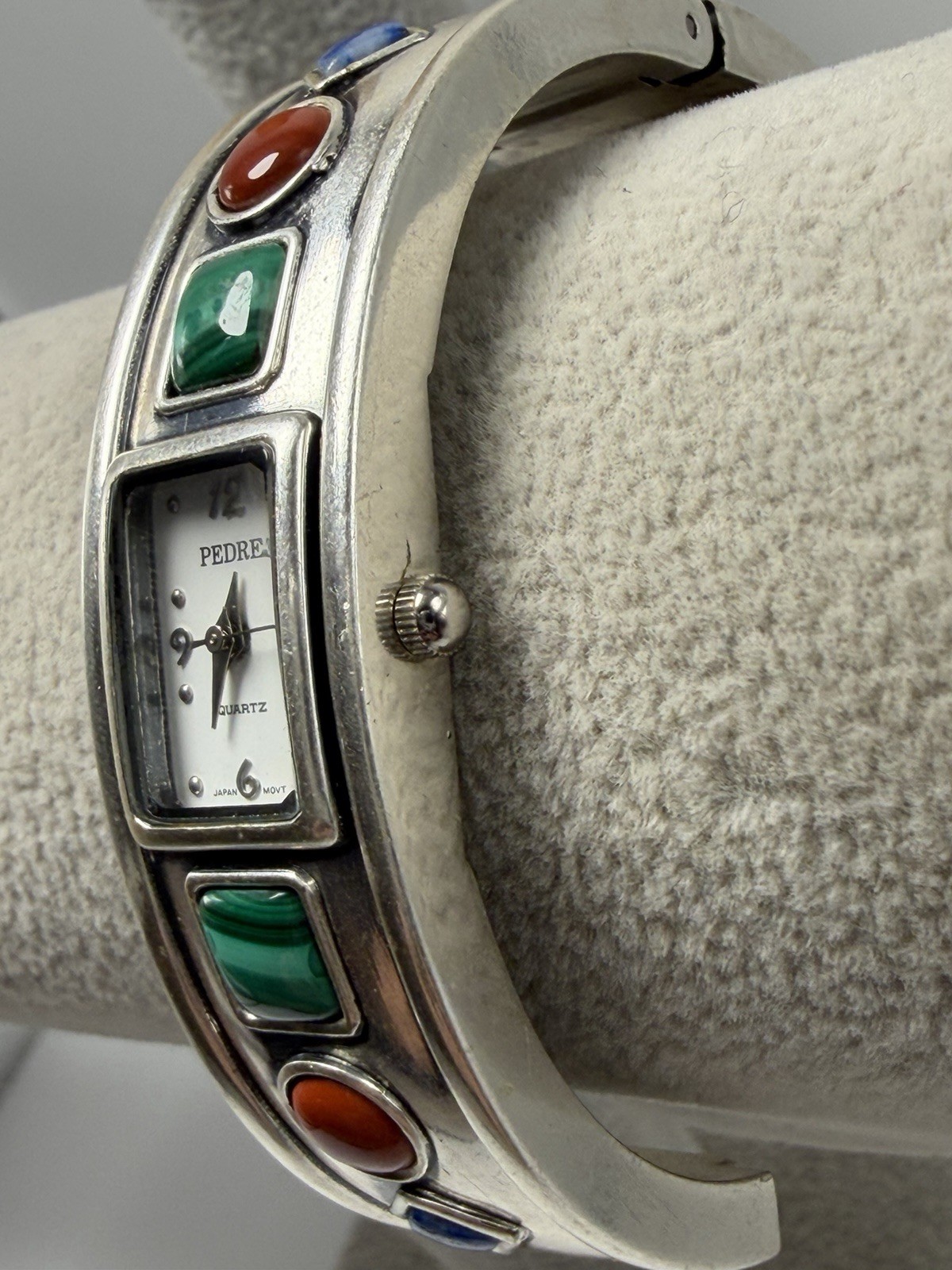 Pedre Ladies Watch Silver Tone Red Blue Green Stone Cuff New Battery 6.25″