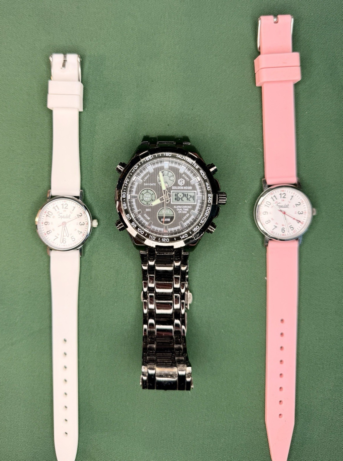 Golden Hour & Speidel Unisex 3 Watch Lot Wristwatch White Pink Silver Bands