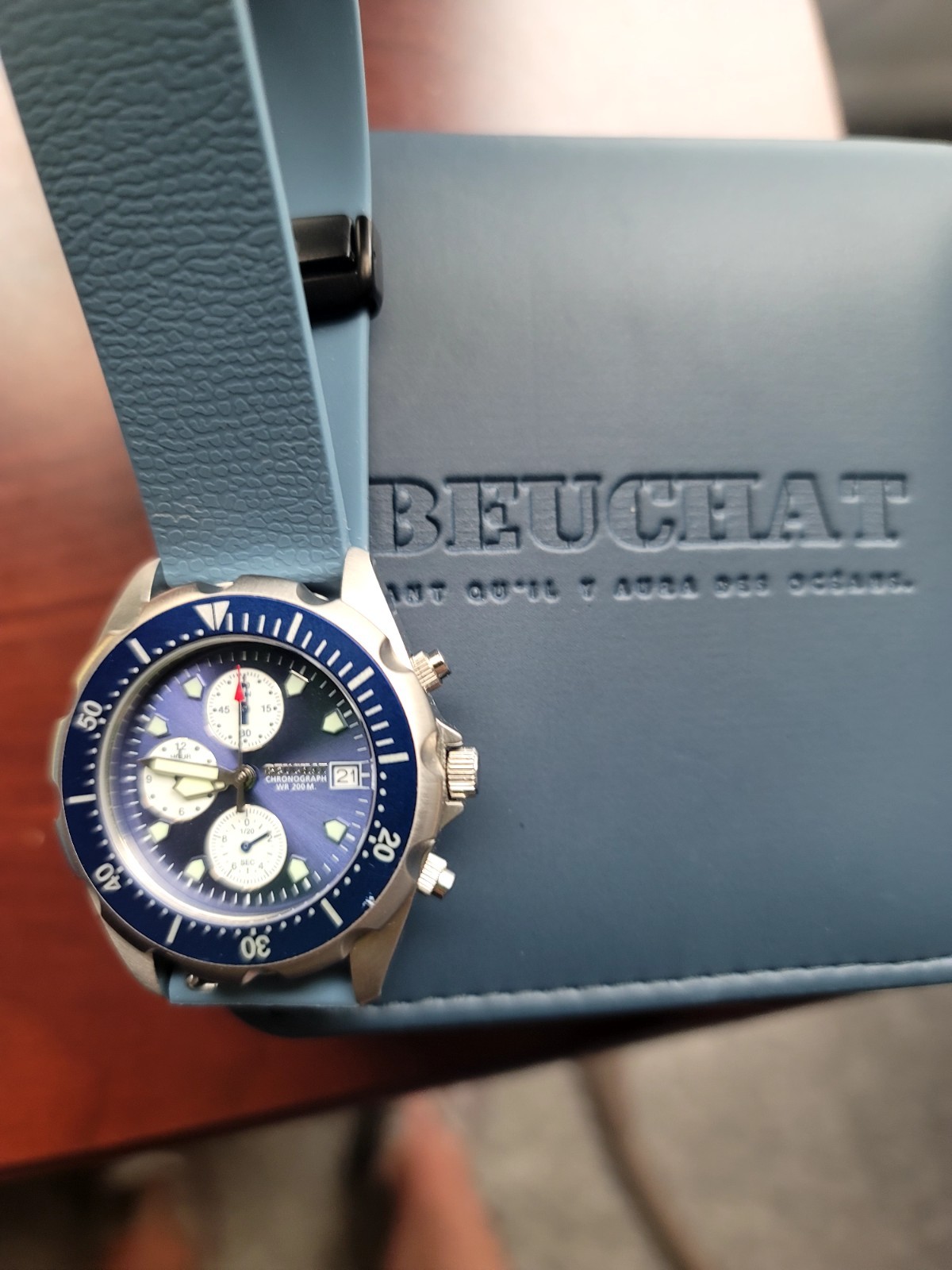 Beuchat Bon Mens Watch Blue Dial Diver 200M Steel Date Swiss Quartz Professional