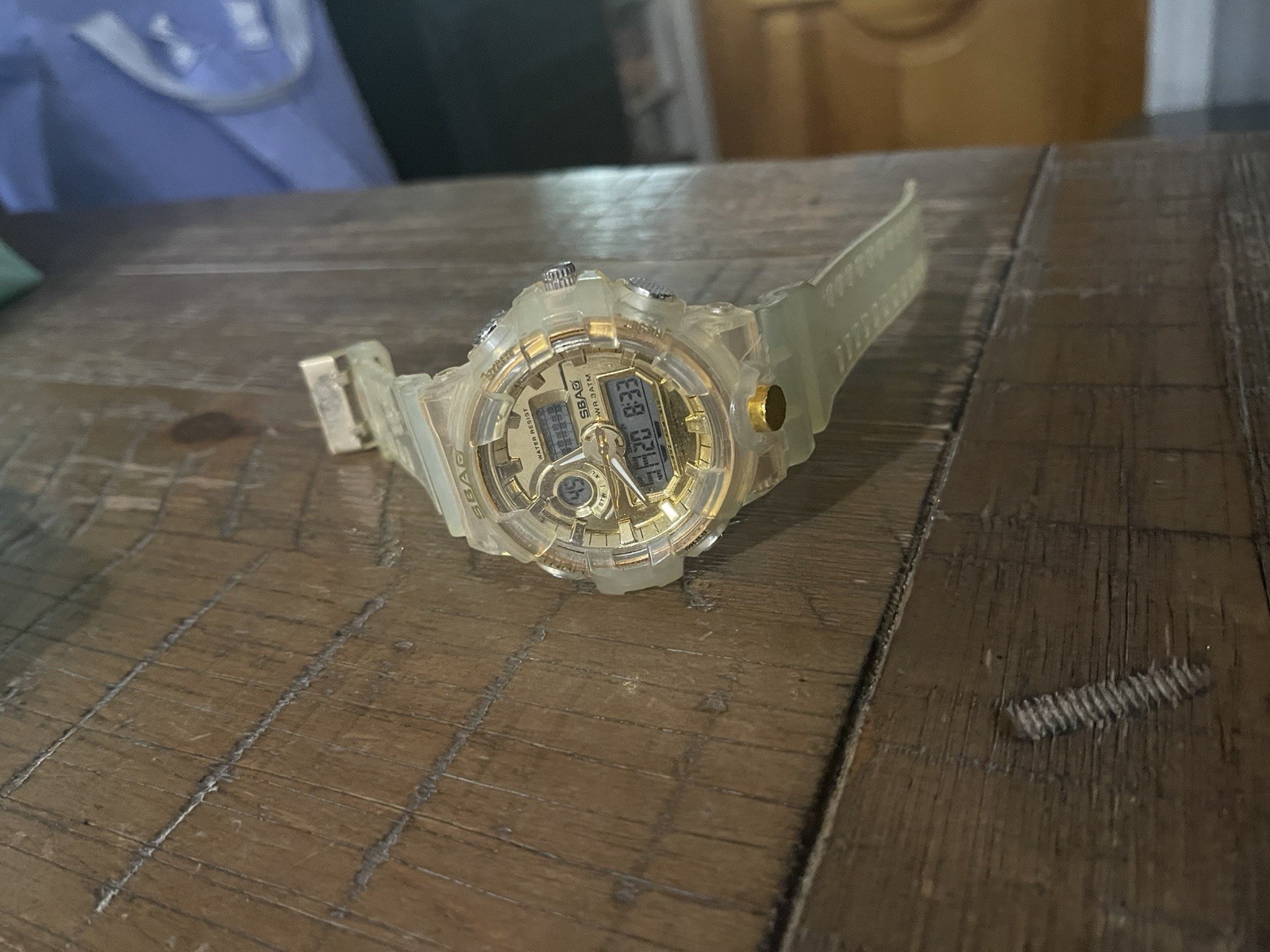 SBAO Analog-Digital Quartz Watch Alarm Chronograph Backlight Clear Resin 3ATM