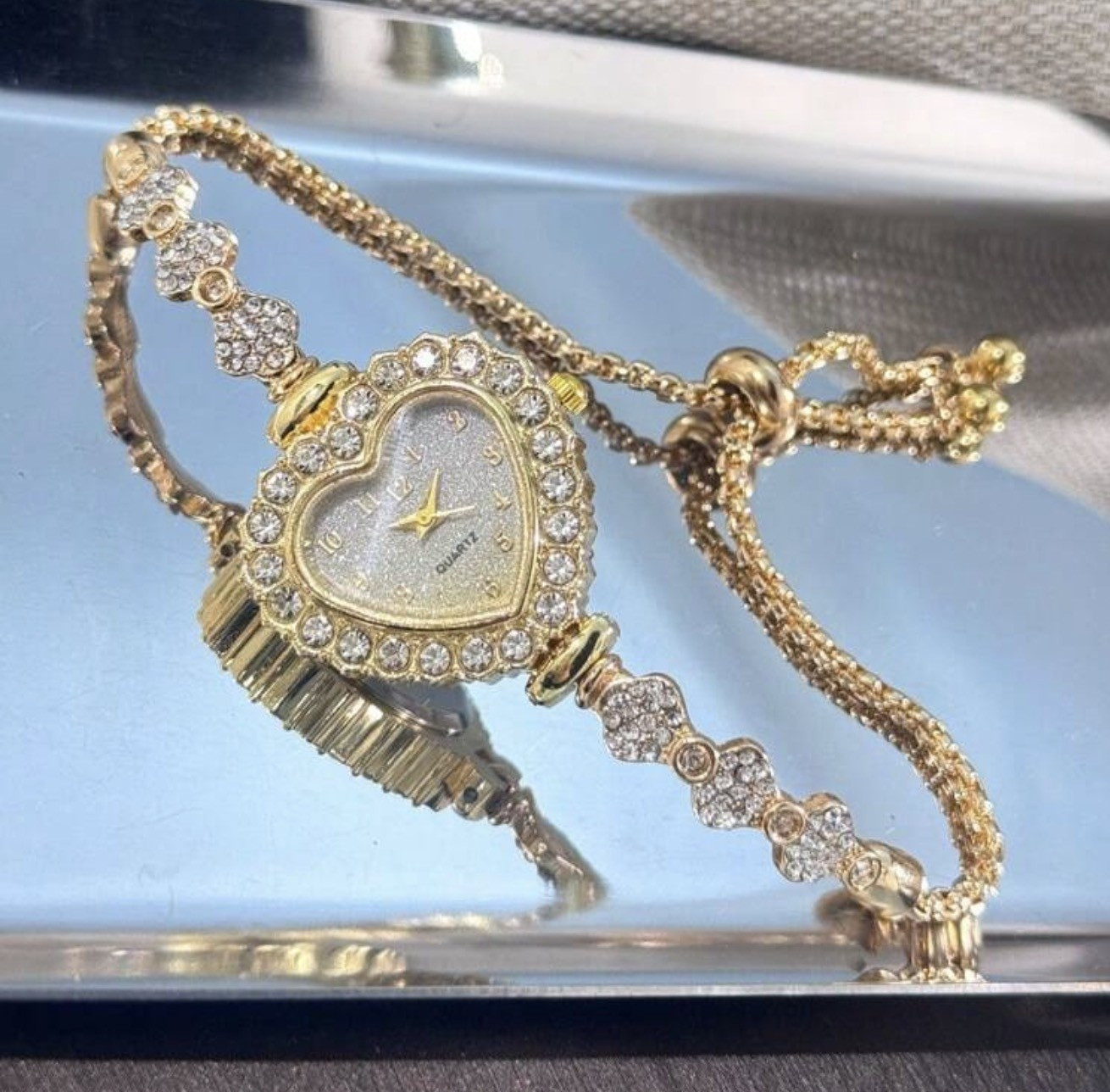 Women’s Heart-Shaped Analog Quartz Bracelet Watch, Rhinestone Bezel Gold/Rose