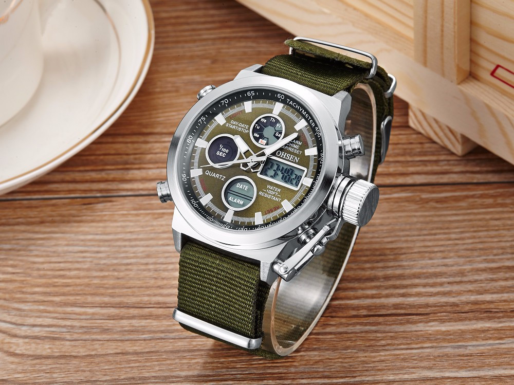 OHSEN Men Watch LED Digital Quartz Dual Time Male Military Nylon Wrist Watches