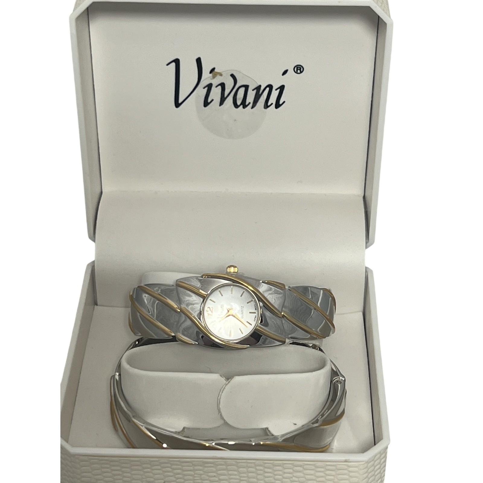 Vivani Women’s Two-Tone Bangle Cuff Quartz Wristwatch & Matching Bracelet Set