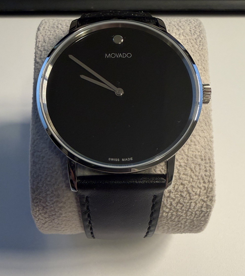 MOVADO SIGNATURE 0607589 40MM BLACK LEATHER STRAP SILVER MENS WATCH