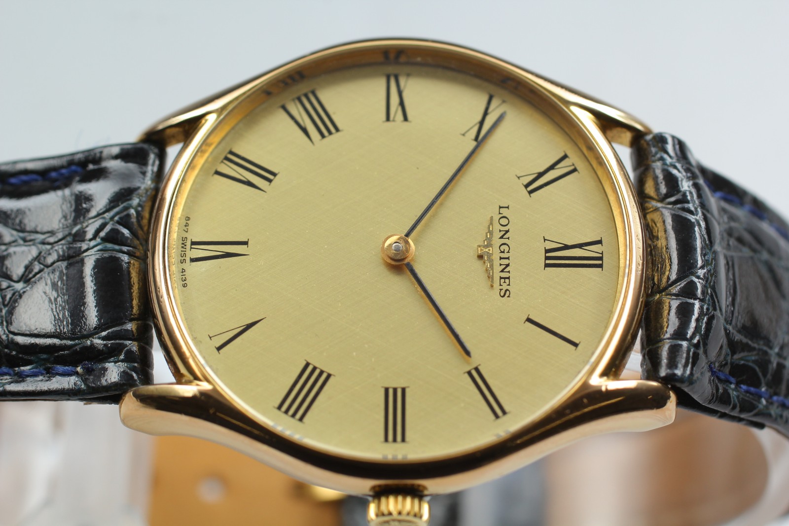 Near MINT Longines L847.4 Gold Roman Dial 33mm Hand Winding Men’s Watch w/ Box