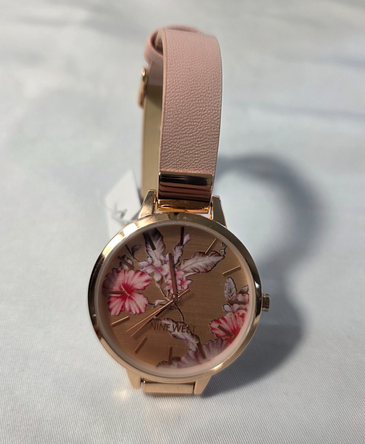 Women’s Nine West Rose Gold-Tone Watch Blush Pink Strap Floral Dial NEW