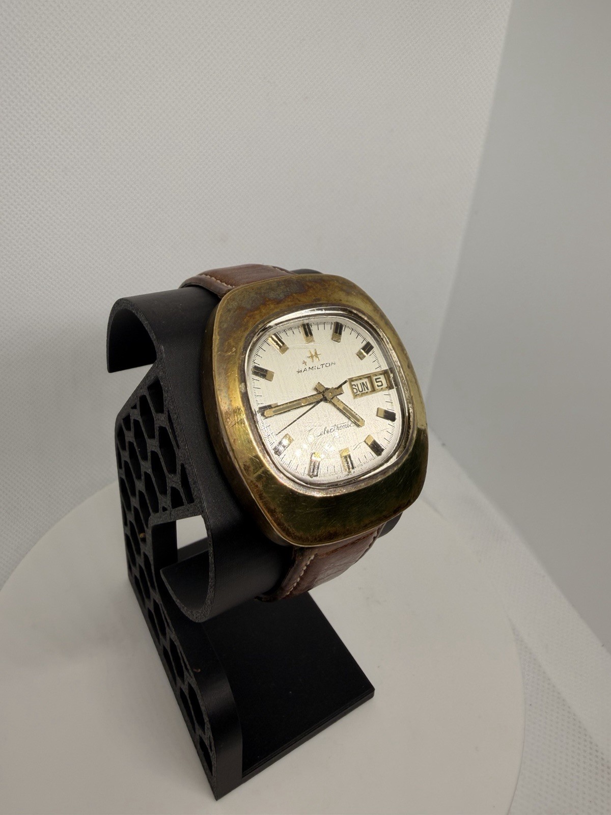 Hamilton Electronic Vintage Quartz Cushion Silver Dial Day/Date Gold Plated