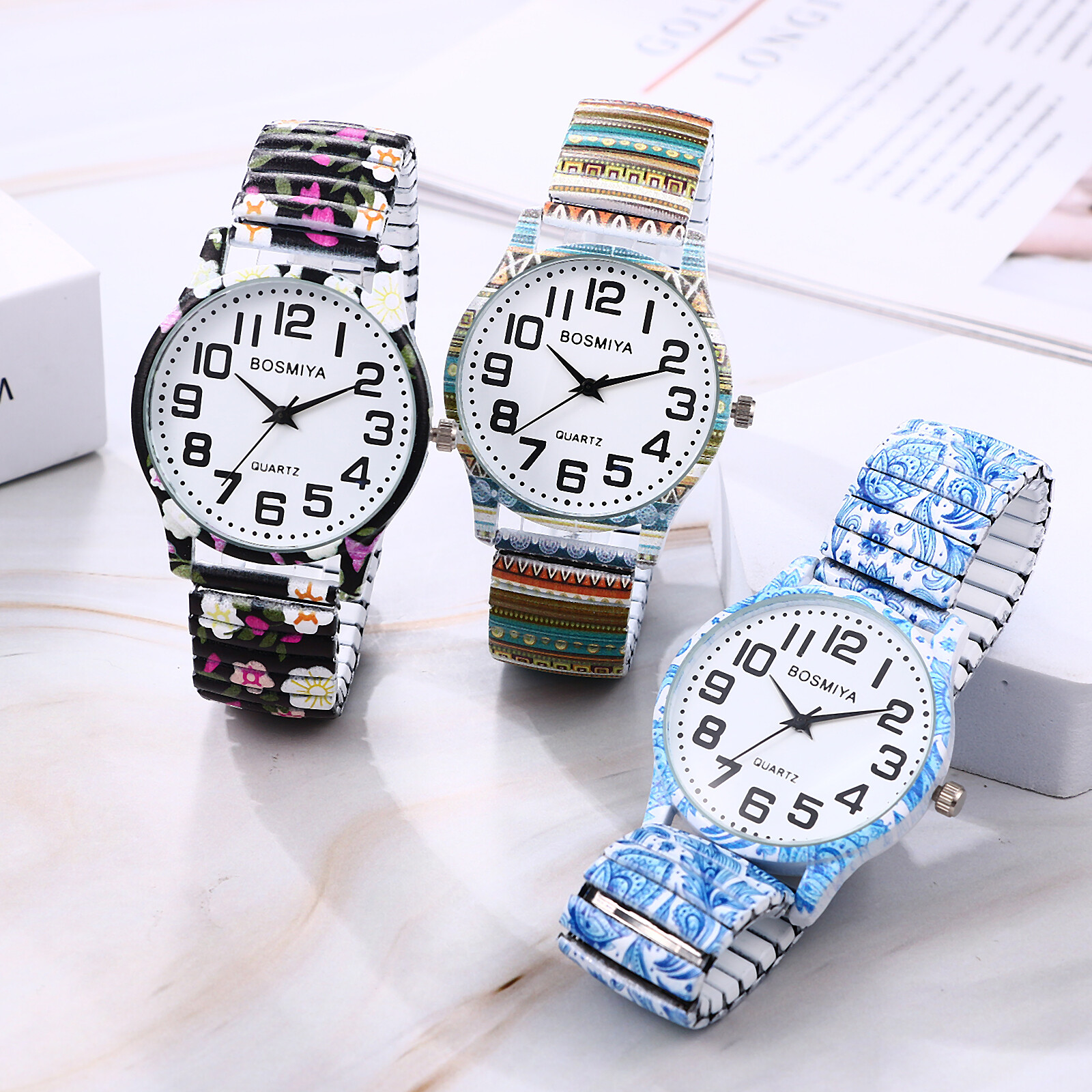 Womens Girls Boho Printed Elastic Band Big Numbers Round Dial Analog Wrist Watch