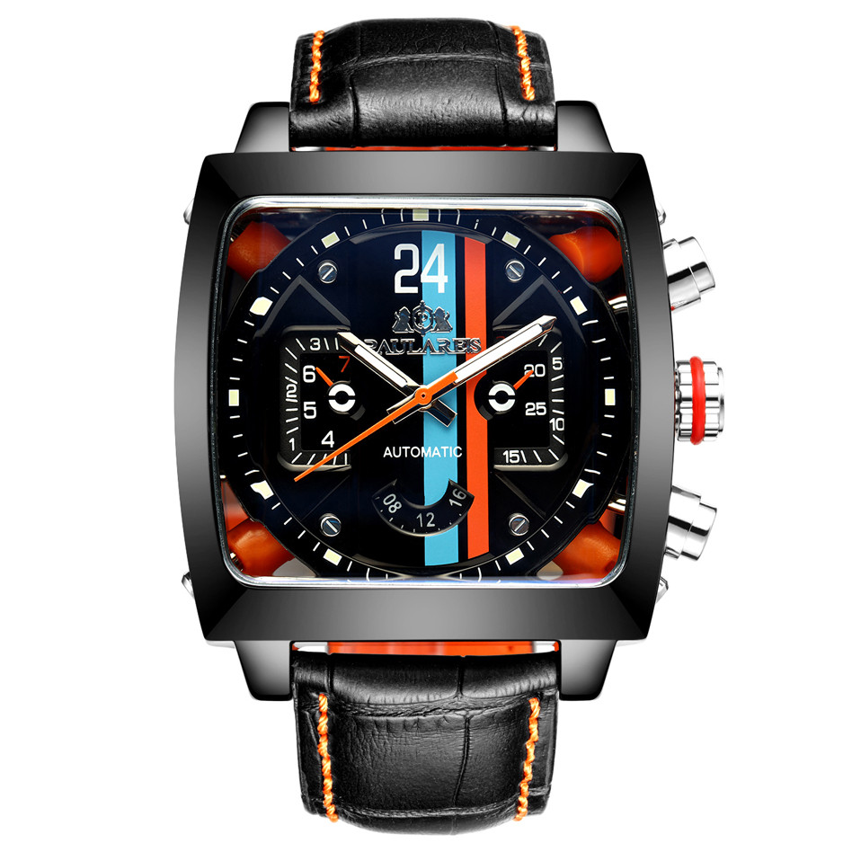 Automatic Mechanical Self-Wind Men’s Watch Square Sports Leather Band Waterproof