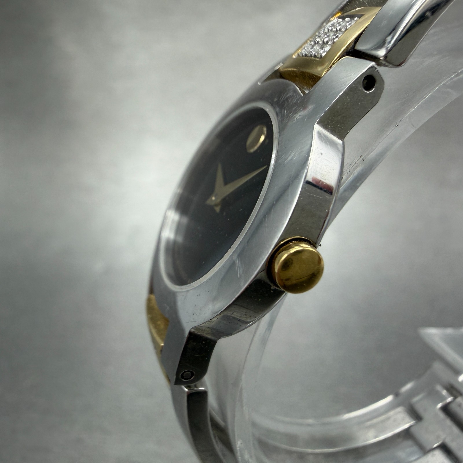 Movado Amorosa Watch Women 24mm Black Dial Two Tone Round 81 E4 1842 New Batt B9