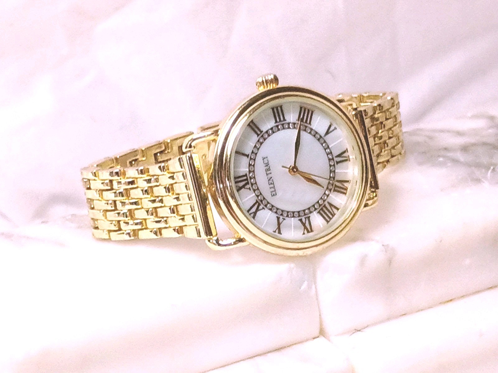 Ellen Tracy Watch Gold Tone Crystal Accent Jewelry Clasp Mother Pearl Dial Works