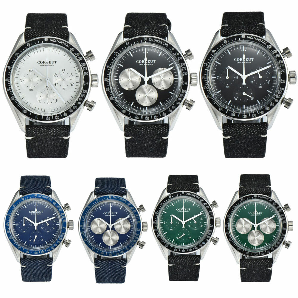 40mm Corgeut Men’s Quartz Watch Full Chronograph Leather Strap Black/Blue/Green