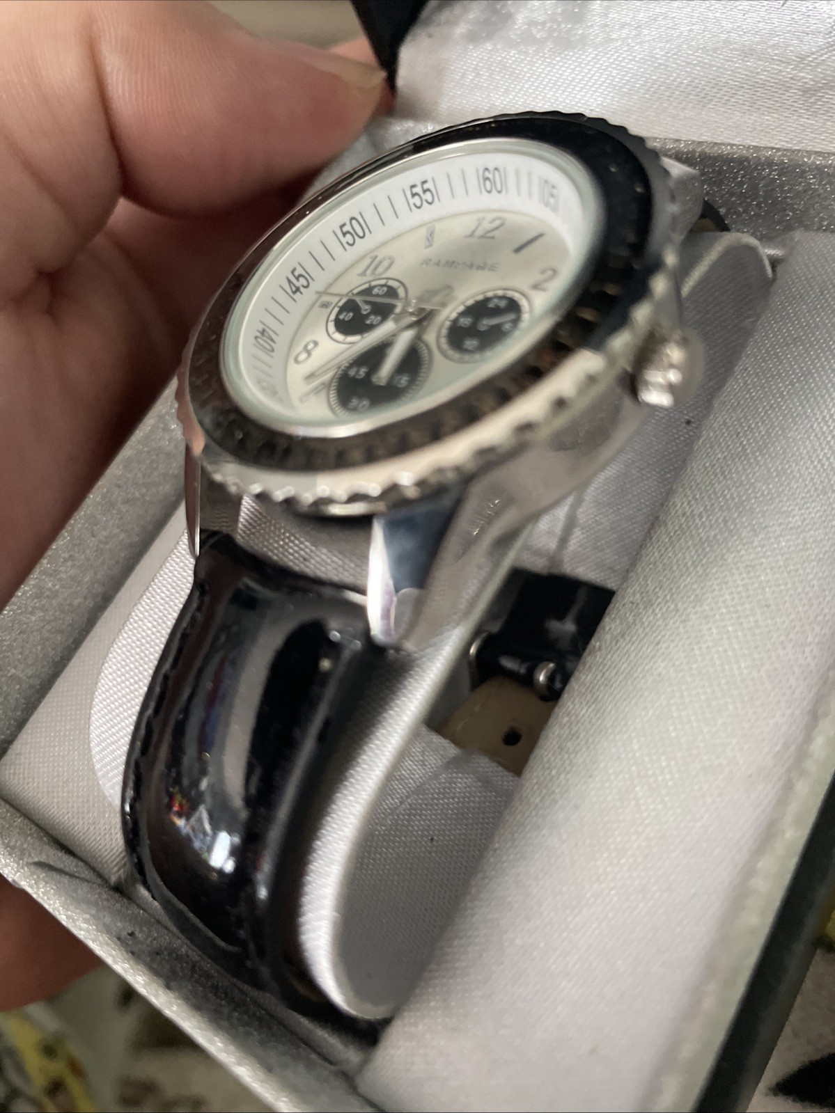 Rampage Womans Silver Tone Crystal Accent Round Case Black Strap Band Watch