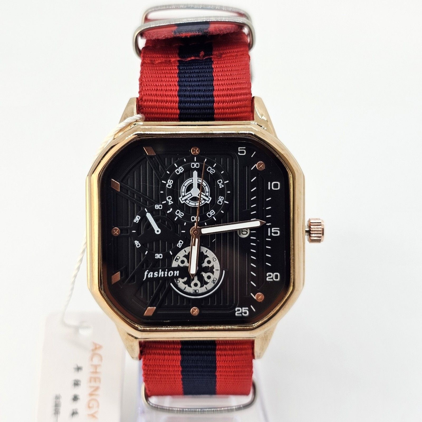 Men’s Watch 42MM Black Dial Gold Case Date Indicator Red Blue Canvas Band Strap