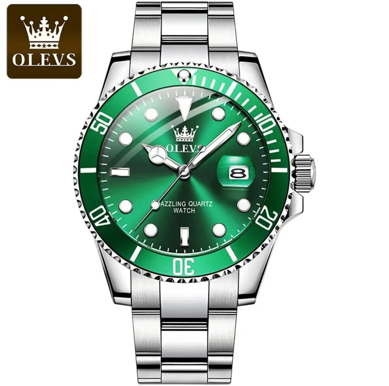OLEVS Top Original Men Quartz Watch Waterproof for Men Stainless Green & Silver