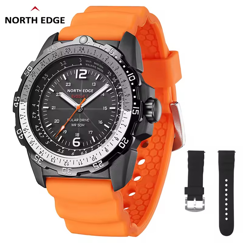 North Edge Evoque 2 Solar Powered Watch – Brand New In Box – Orange & Black Band
