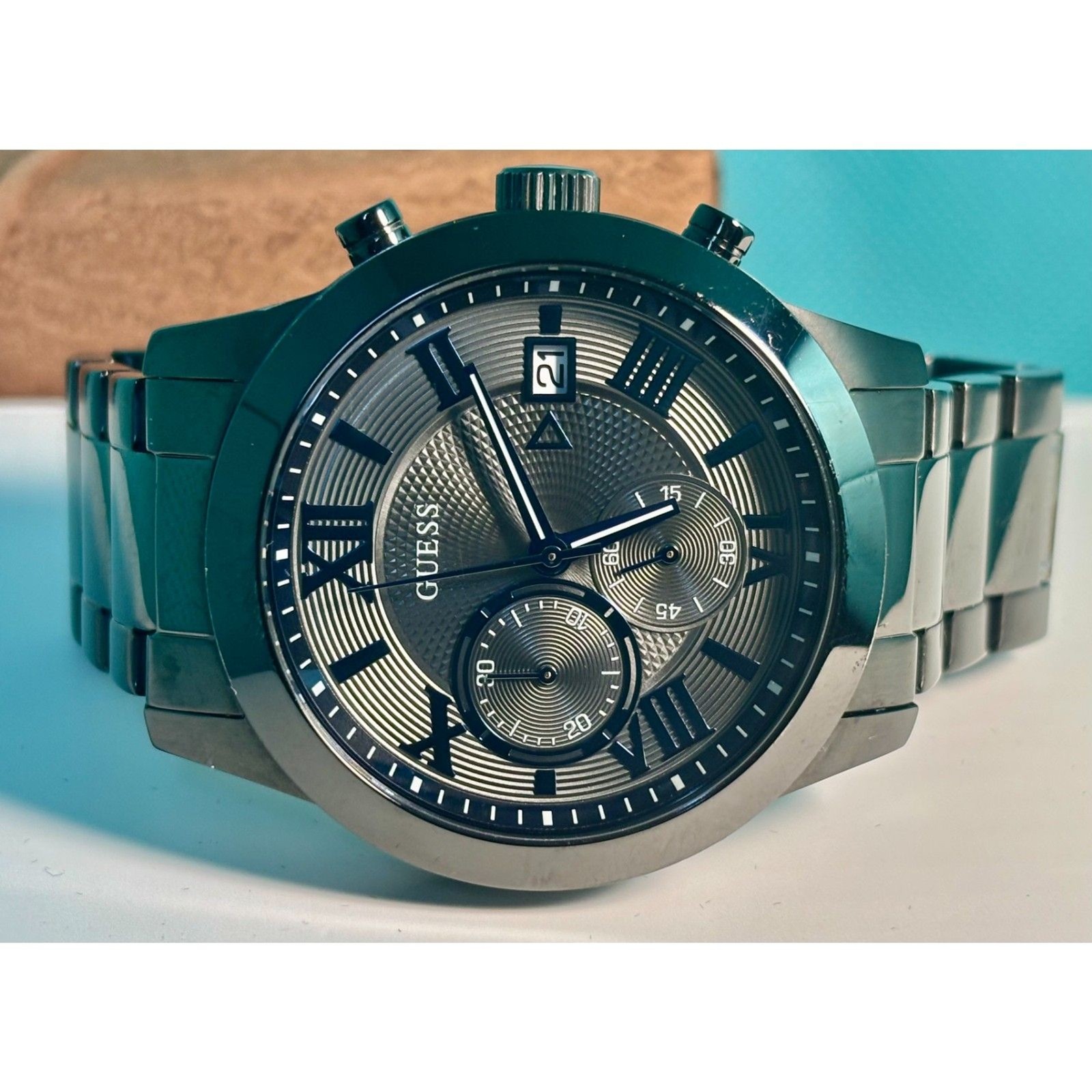 Guess Men’s Atlas Chronograph Watch – Gunmetal Steel & Blue/Gray Dial