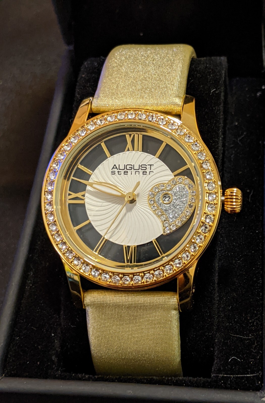 August Steiner Women’s Gold Tone Crystal Watch AS8176YG Date Leather Strap NIB