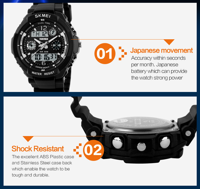 SKMEI Men Adult Teen Digital Analog Waterproof Sport Wristwatch Dual Time New