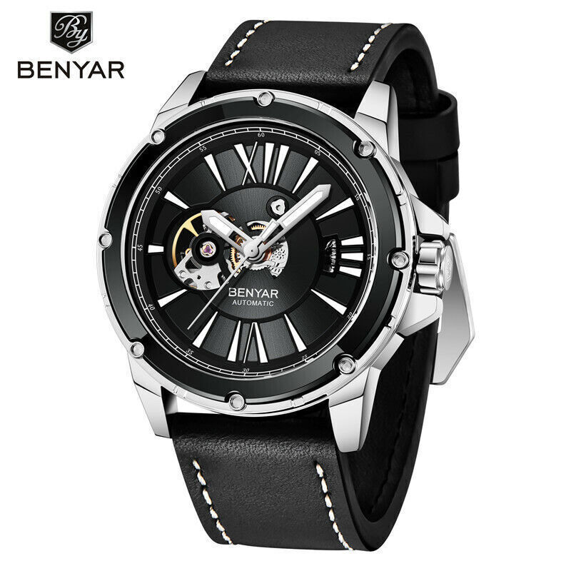 Top Brand BENYAR Men Auto Mechanical Wrist Watch 3Bar Waterproof Leather Band