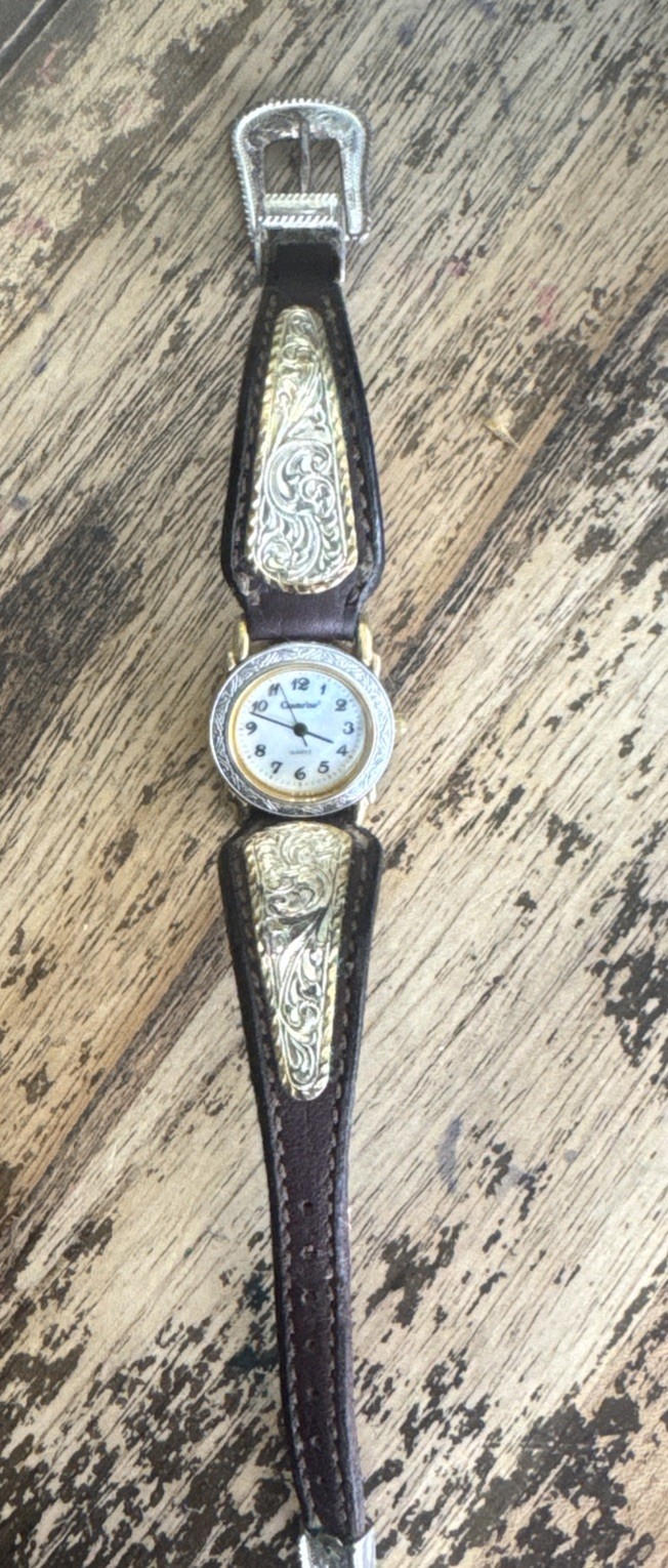 Montana Silversmiths Watch w/ Gold Scrolls On Dark Brown Leather