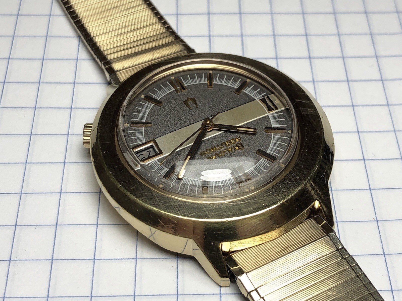 Vintage 1974 Bulova Accutron Gold Plated Tuning Fork 2181 Men Watch w/t Bracelet