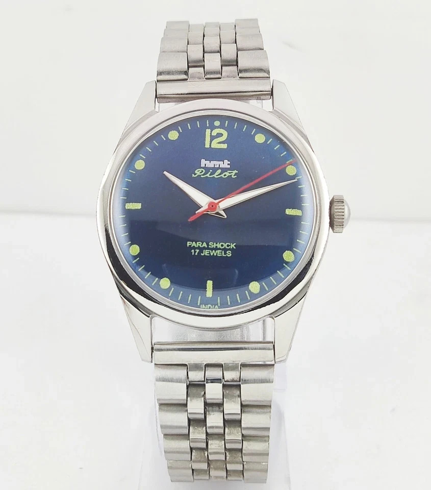 HMT Pilot Blue Dial Para Shock 17 Jewels Mechanical Handwinding Mens Wrist Watch