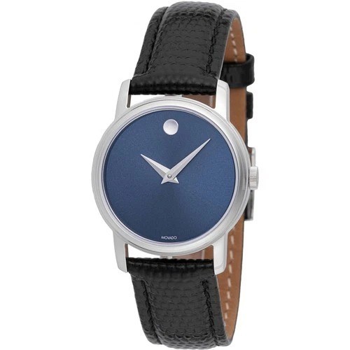 Movado Museum Blue Dial Black Leather Strap Women’s Swiss Watch 2100010 NWT