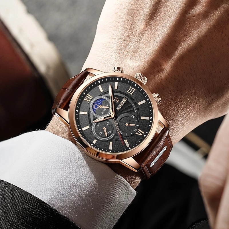 LIGE Men’s Watches Top Brand Luxury Leather Quartz Watch Sports Classy Casual !