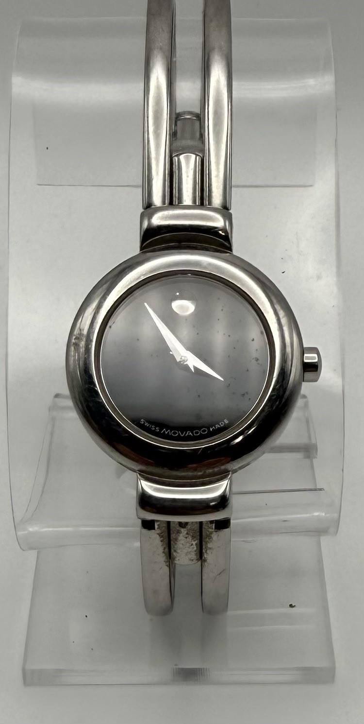 Womens Movado Museum Swiss Made Analog Black Dial Silver SS Bangle Watch